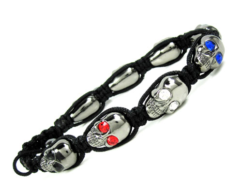 Multi colored rhinestone copper macramé skull bead rope bracelet 8.00ct