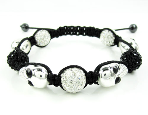 Black & white rhinestone copper macramé skull bead rope bracelet 14.00ct