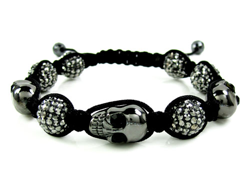 Black smoke mirrored rhinestone copper macramé skull bead rope bracelet 15.00ct