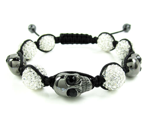 Black & white rhinestone copper macramé skull bead rope bracelet 15.00ct