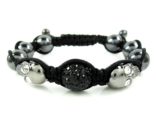 Black & white rhinestone copper macramé skull bead rope bracelet 4.00ct