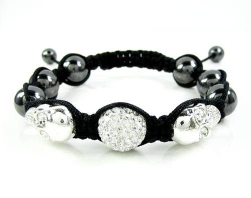 White & black rhinestone copper macramé skull bead rope bracelet 4.00ct