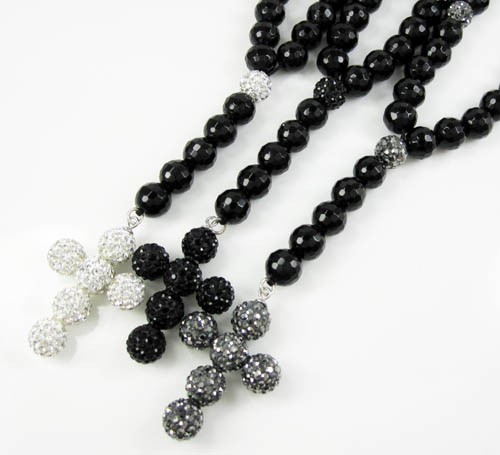 Black onyx rhinestone faceted bead rosary chain 17.00ct