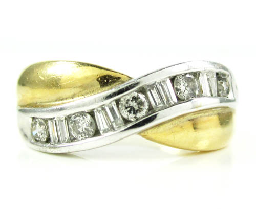 Ladies 14k two tone gold round & baguette diamond swirl ring 0.60ct