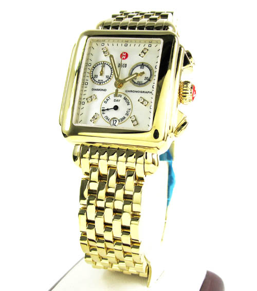 Ladies michele deco day diamond dial yellow stainless steel watch 0.05ct