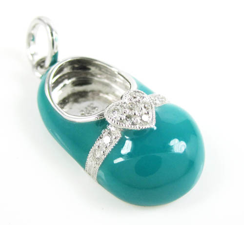 14k white gold turquoise blue enamel diamond heart baby shoe pendant 0.08ct