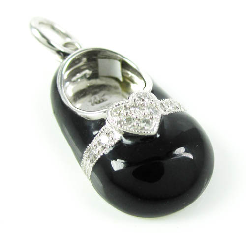 14k white gold black enamel diamond heart baby shoe pendant 0.08ct