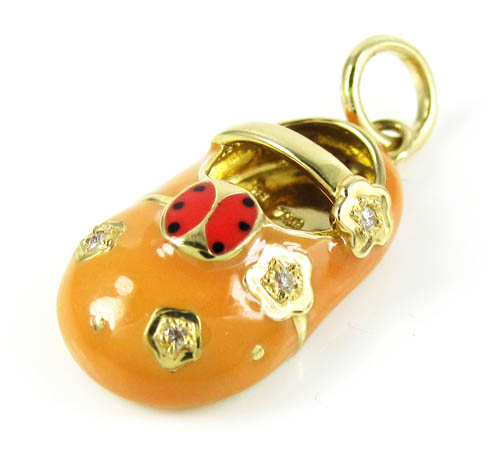 18k yellow gold orange enamel diamond flower lady bug baby shoe pendant 0.03ct - Image 1