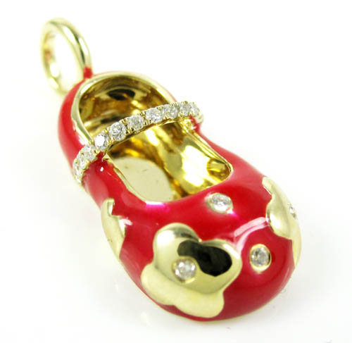 14k yellow gold red enamel diamond flower baby shoe pendant 0.10ct