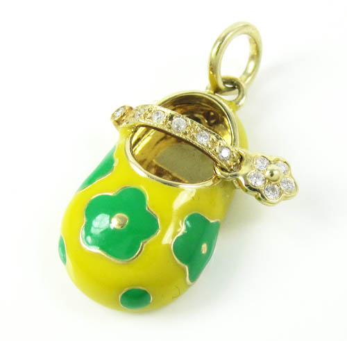14k yellow gold yellow enamel diamond flower baby shoe pendant 0.09ct - Image 1