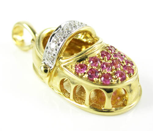 14k yellow gold diamond & pink sapphire baby shoe pendant 0.40ct