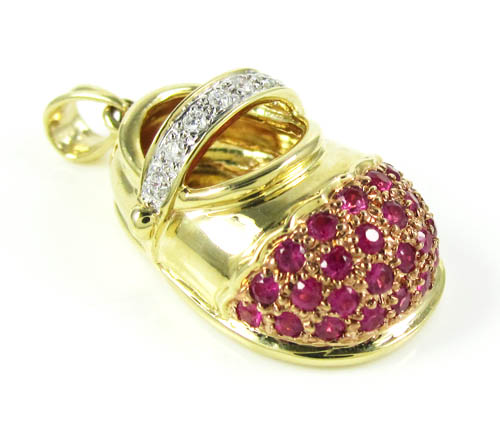14k yellow gold diamond & purple sapphire baby shoe pendant 0.51ct - Image 1
