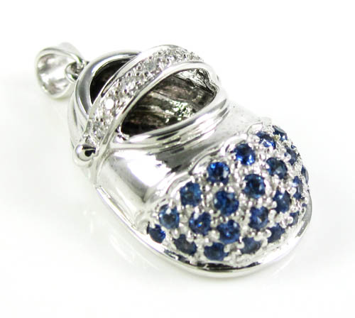 14k white gold diamond & blue sapphire baby shoe pendant 0.51ct
