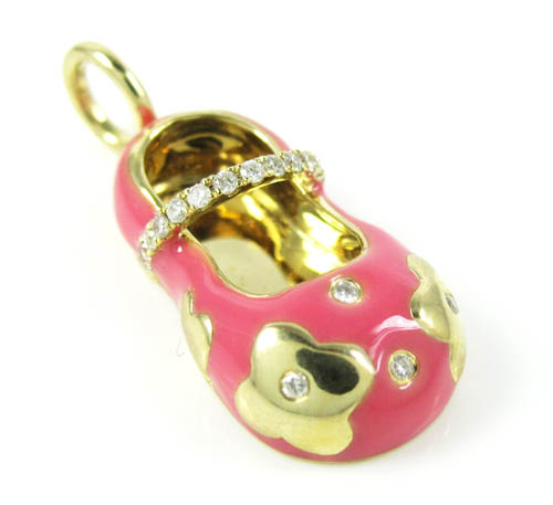 14k yellow gold pink enamel diamond flower baby shoe pendant 0.10ct