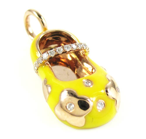 14k rose gold yellow enamel diamond flower baby shoe pendant 0.10ct