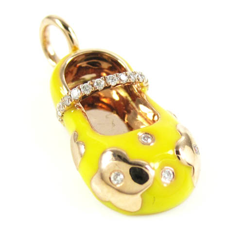 14k rose gold yellow enamel diamond flower baby shoe pendant 0.10ct - Image 1