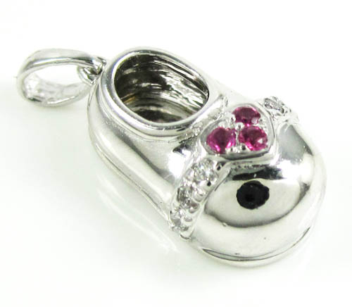 14k white gold diamond & purple ruby heart baby shoe pendant 0.09ct