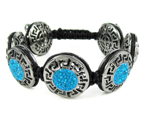 Mens black stainless steel aqua blue rhinestone round fendi style bracelet 3.50ct