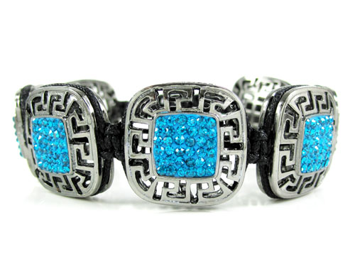 Mens black stainless steel aqua blue rhinestone box fendi style bracelet 3.50ct