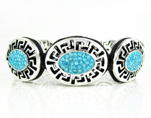 Mens white stainless steel aqua blue rhinestone oval fendi style bracelet 3.50ct
