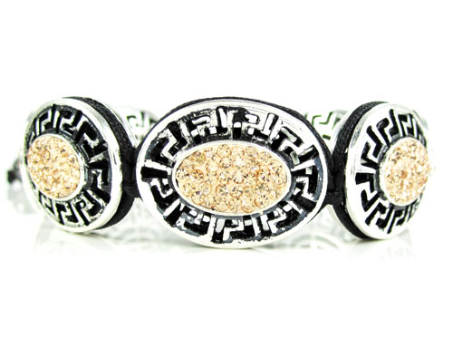 Mens white stainless steel champagne rhinestone oval fendi style bracelet 3.50ct