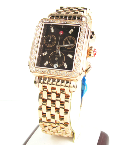 Ladies michele deco date & day diamond rose gold stainless steel watch 0.66ct