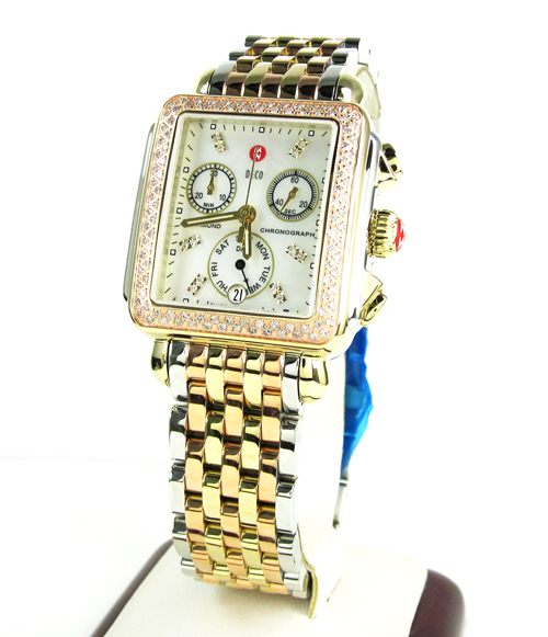 Ladies michele deco date & day diamond tri-tone stainless steel watch 0.66ct