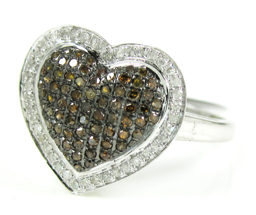 Ladies 10k white gold white & champagne diamond heart ring 0.55ct