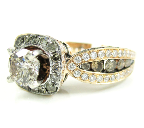 Ladies 14k rose gold champagne & white diamond engagement ring 3.00ct