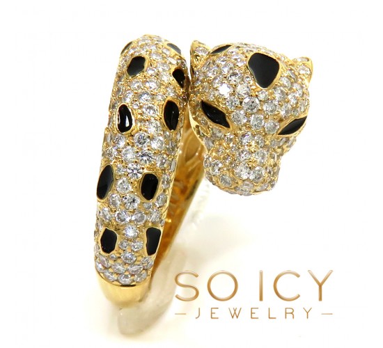 Ladies 14k yellow gold diamond & black enamel leopard ring 1.42ct