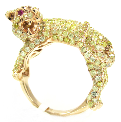 Ladies 14k rose gold canary diamond & red ruby panther ring 4.24ct