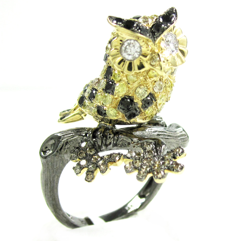 Ladies 14k yellow gold multi colored diamond owl ring 2.54ct - Image 1