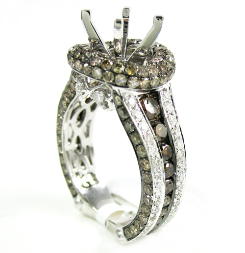 Ladies 14k white gold champagne & white diamond semi mount ring 3.45ct