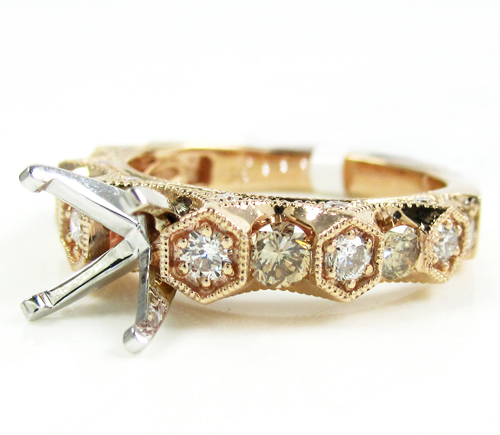 Ladies 14k rose gold champagne & white diamond semi mount ring 0.99ct
