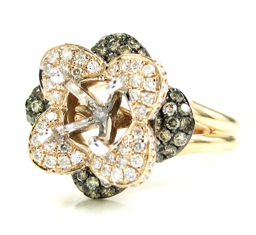 Ladies 14k white gold champagne & white diamond flower semi mount ring 0.99ct