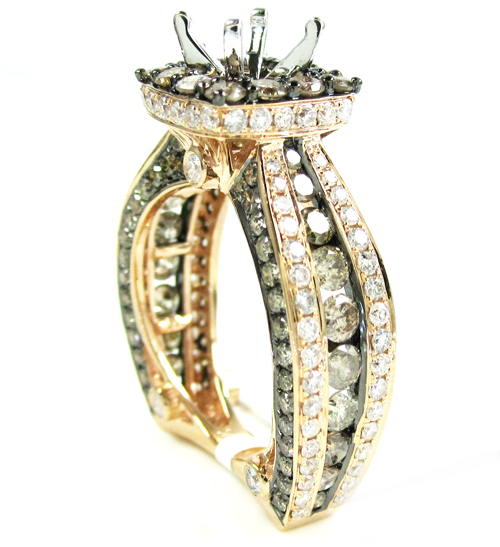 Ladies 14k rose gold champagne & white diamond semi mount ring 3.93ct
