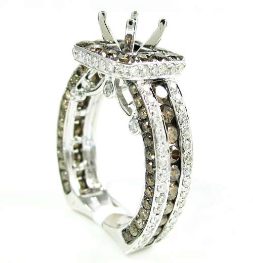 Ladies 14k white gold champagne & white diamond semi mount ring 3.68ct