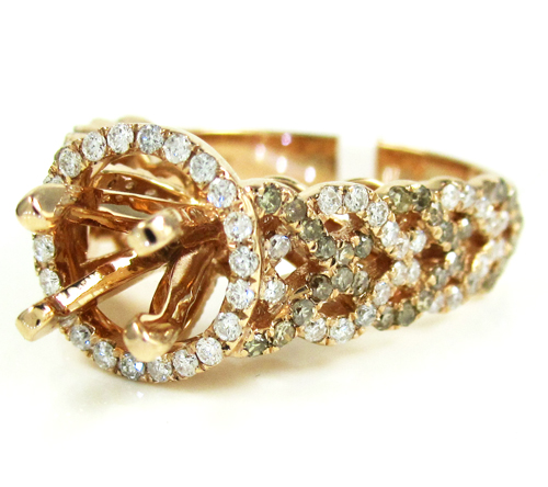 Ladies 14k rose gold champagne & white diamond semi mount ring 1.04ct