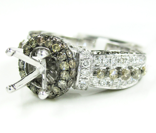 Ladies 14k white gold champagne & white diamond semi mount ring 2.25ct