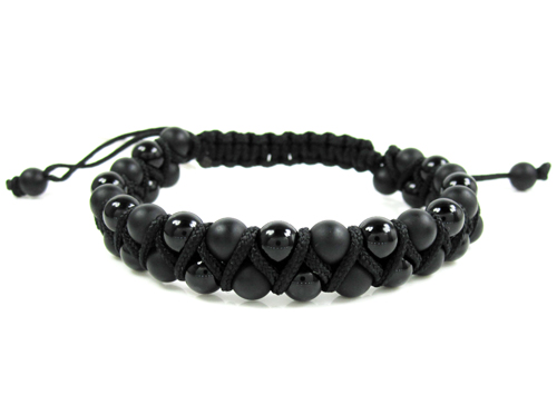 Macramé matte & glossy black onyx smooth bead double rope bracelet