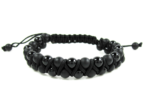 Macramé matte & glossy black onyx smooth bead double rope bracelet - Image 1