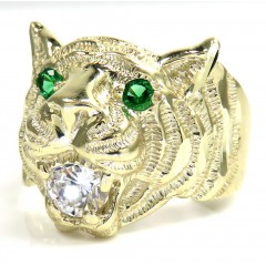 10k Yellow Gold Green Eyes Cz Tiger Head Ring 