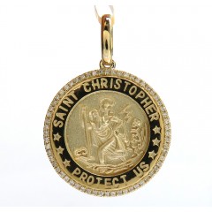 14k Yellow Gold Diamond Small Saint Christopher Protect Us Coin Pendant 0.20ct