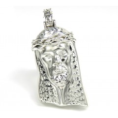 925 Sterling Silver Large Cz Diamond Cut Jesus Pendant 0.05ct
