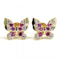 14k Yellow Gold Pink & White Cz Mini Butterfly Earrings 0.10ct