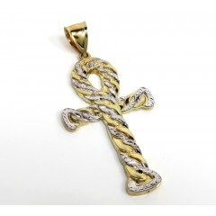 10k Yellow Gold Large Hollow Diamond Cut Cuban Ankh Cross 