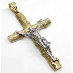 14k Solid Two Tone Medium Bark Wood Finish Jesus Cross