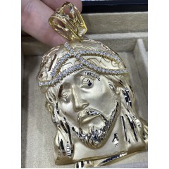 14k Yellow Gold Xl Jesus Face Solid Back Pendant .45ct