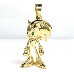 14k Yellow Gold Sonic The Hedgehog Green Eyes Cz Pendant 0.10ct