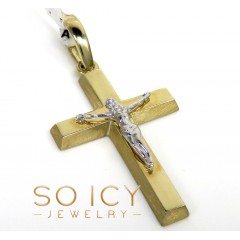 14k Two Tone Gold Brick Italian Jesus Cross Pendant